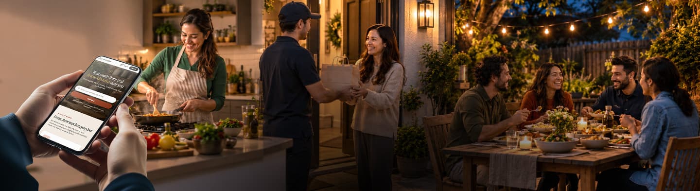 A home cook at the stove, an order handed over at the door, and neighbours sharing a meal in the garden — with the Hearthfare app in hand