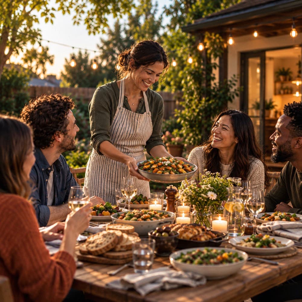 A home cook setting a shared dish on a long garden table while friends gather around it at golden hour